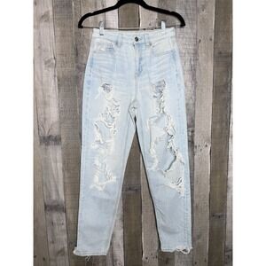 Womens American Eagle Light Wash High Rise Denim Distressed Mom Jeans Size 0 R